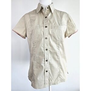 Vintage Bossini Jeans Cotton Shirt Short Sleeves Beige Metal Clip Button Up Y2K
